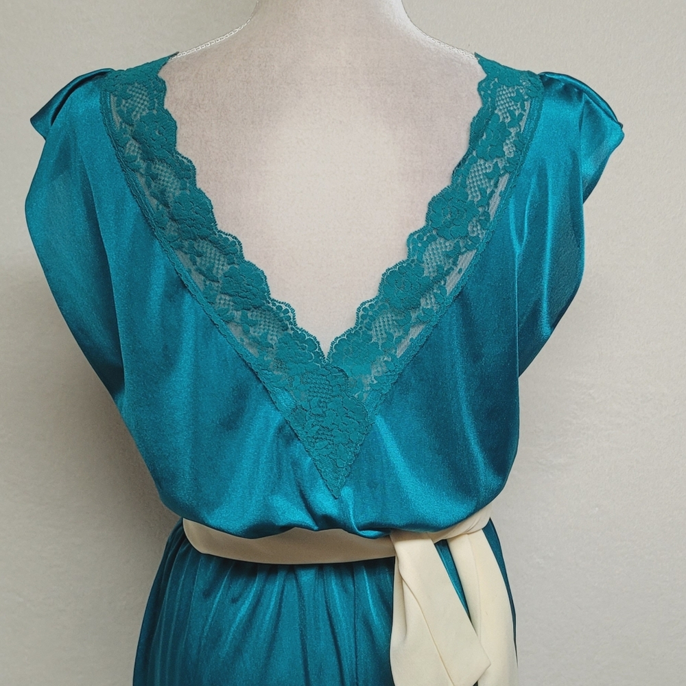 70s Vintage Lady Cameo Dallas Turquoise Lace Plunging Neckline Belted Jumpsuit M - Picture 11 of 14